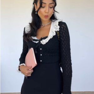 Zara Pointelle MIXED RUFFLED KNIT CARDIGAN Black Ecru Pearl buttons S,M 4331/066